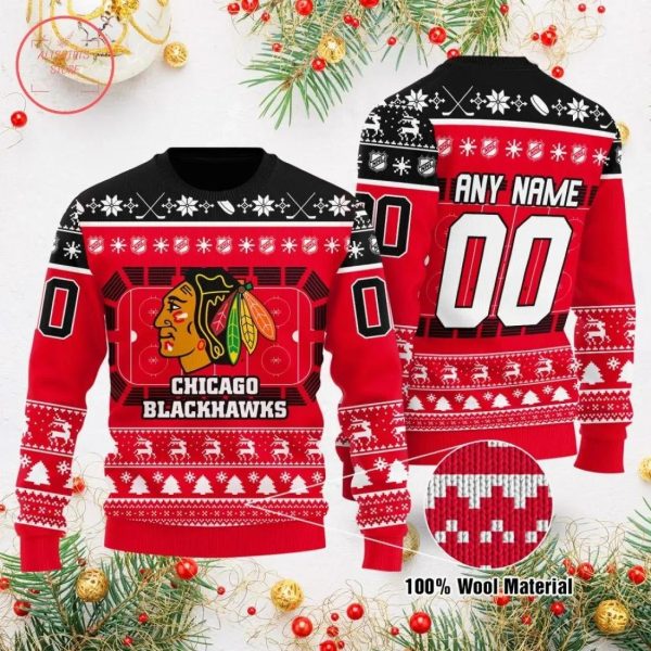 Nhl Chicago Blackhawks Personalized Custom Ugly Christmas Sweater, Chicago Blackhawks Ugly Sweater, NHL Ugly Sweater