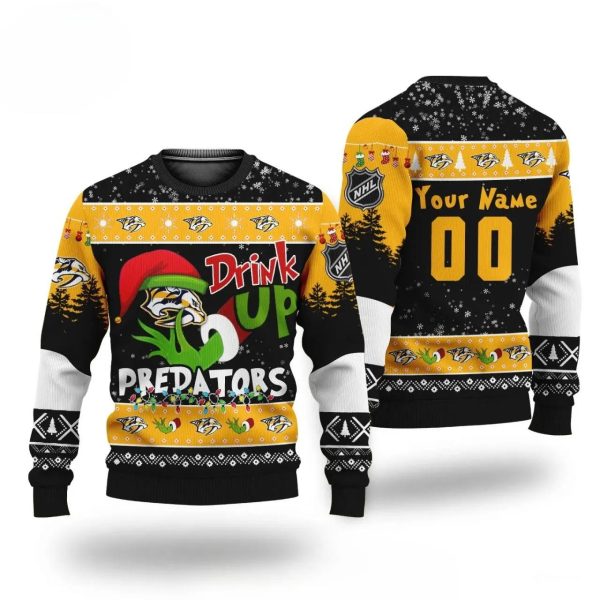 Nhl Grinch Drink Up Nashville Predators Custom Ugly Christmas Sweater, Nashville Predators Ugly Sweater, NHL Ugly Sweater