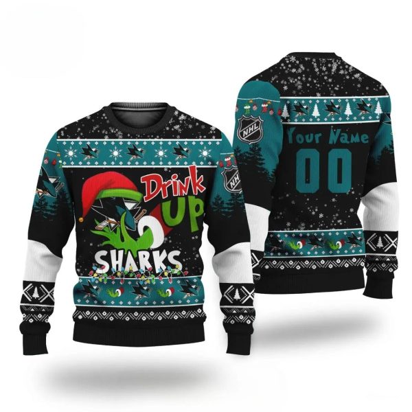 Nhl Grinch Drink Up San Jose Sharks Custom Ugly Christmas Sweater, San Jose Sharks Ugly Sweater, NHL Ugly Sweater