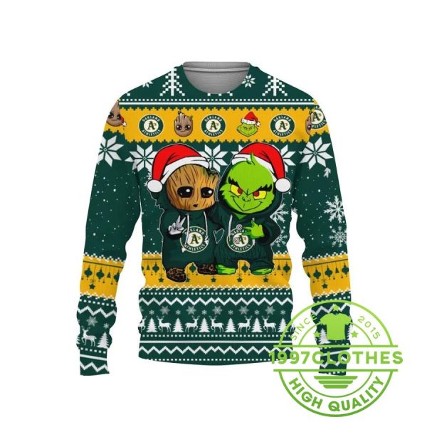 Oakland Athletics Baby Groot And Grinch Best Friends Ugly Christmas Sweater, Oakland Athletics Ugly Sweater, MLB Christmas Sweater