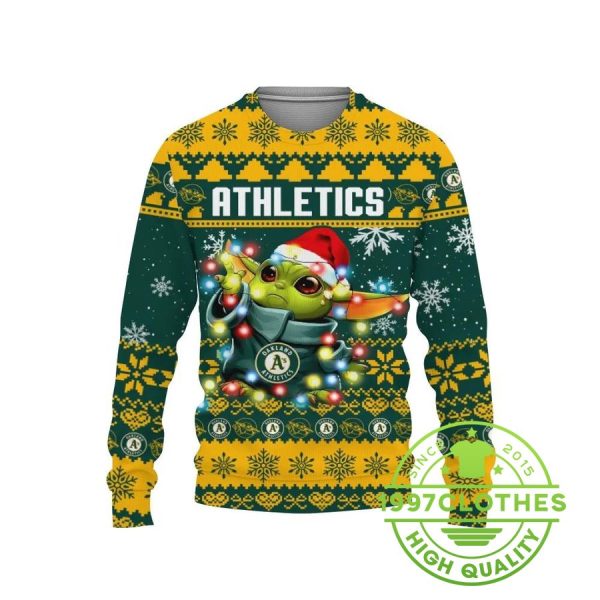 Oakland Athletics Baby Yoda Star Wars Ugly Christmas Sweater, Oakland Athletics Ugly Sweater, MLB Christmas Sweater