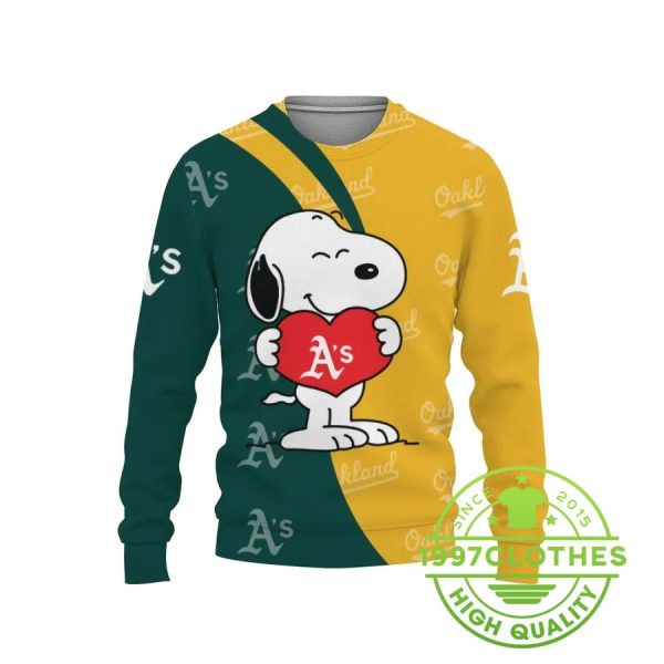 Oakland Athletics Snoopy Cute Heart American Ugly Christmas Sweater, Oakland Athletics Ugly Sweater, MLB Christmas Sweater