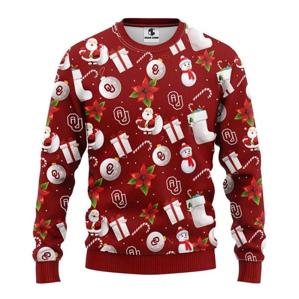 Oklahoma Sooners Santa Claus Snowman Ugly Christmas Sweater, Oklahoma Sooners Ugly Christmas Sweater, NCAA Christmas Sweater