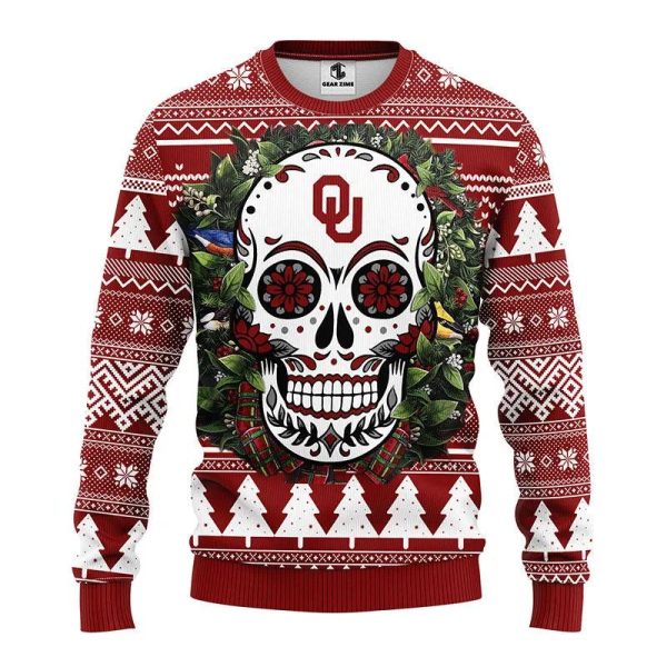 Oklahoma Sooners Skull Flower Ugly Christmas Sweater, Oklahoma Sooners Ugly Christmas Sweater, NCAA Christmas Sweater