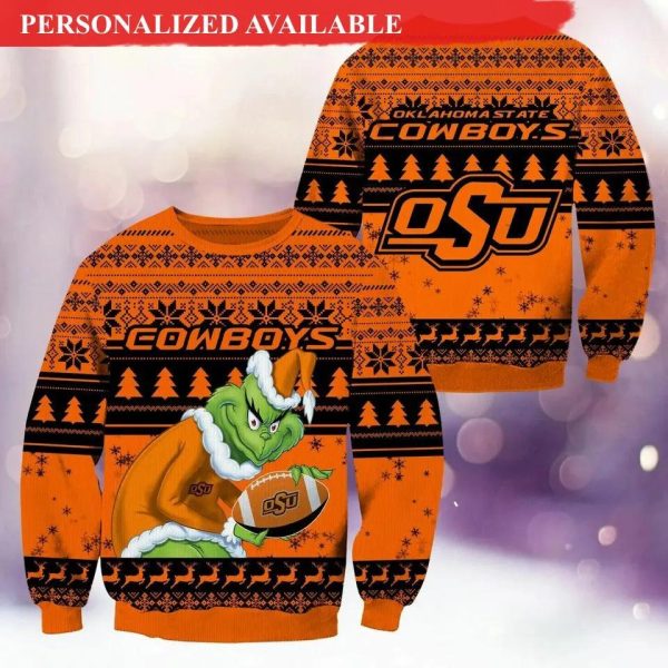 Oklahoma State Cowboys Grinch Football Ugly Christmas Sweater, Oklahoma State Cowboys Ugly Christmas Sweater, NCAA Christmas Sweater