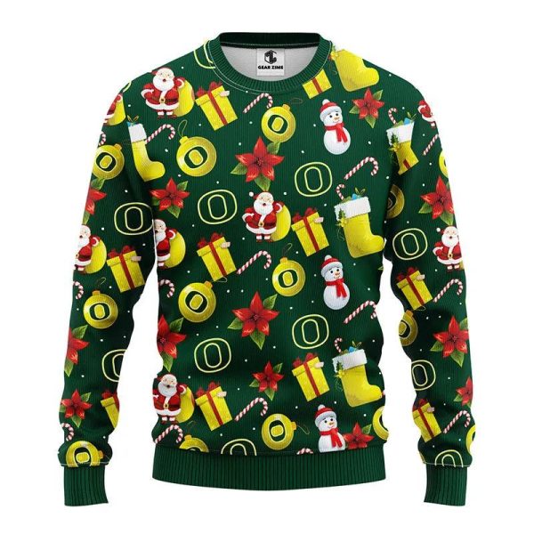 Oregon Ducks Santa Claus Snowman Ugly Christmas Sweater, Oregon Ducks Ugly Christmas Sweater, NCAA Christmas Sweater