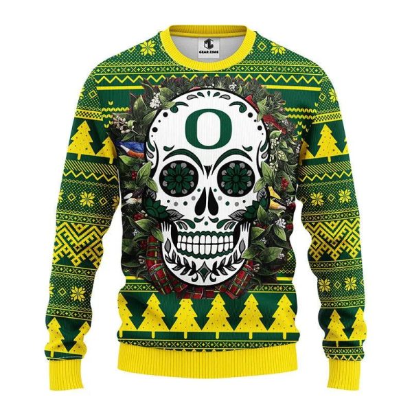 Oregon Ducks Skull Flower Ugly Christmas Sweater, Oregon Ducks Ugly Christmas Sweater, NCAA Christmas Sweater