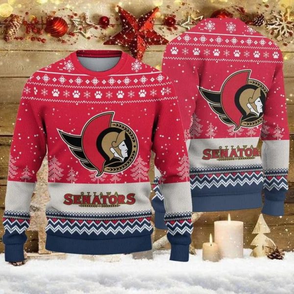 Ottawa Senators Big Logo Ugly Christmas Sweater, Ottawa Senators Ugly Sweater, NHL Ugly Sweater