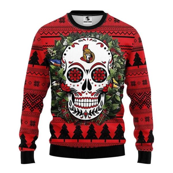 Ottawa Senators Skull Flower Ugly Christmas Sweater, Ottawa Senators Ugly Sweater, NHL Ugly Sweater