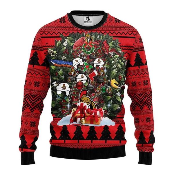 Ottawa Senators Tree Christmas Ugly Sweater, Ottawa Senators Ugly Sweater, NHL Ugly Sweater