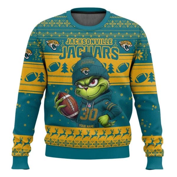 Personalized Jacksonville Jaguars Grinch Ugly Sweater, Jacksonville Jaguars Ugly Sweater, NFL Ugly Sweater