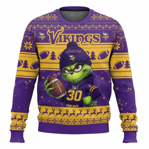 Personalized Minnesota Vikings Grinch Ugly Sweater, Minnesota Vikings Ugly Sweater, NFL Ugly Sweater