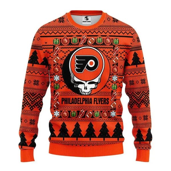 Philadelphia Flyers Grateful Dead Ugly Christmas Sweater, Philadelphia Flyers Ugly Sweater, NHL Ugly Sweater