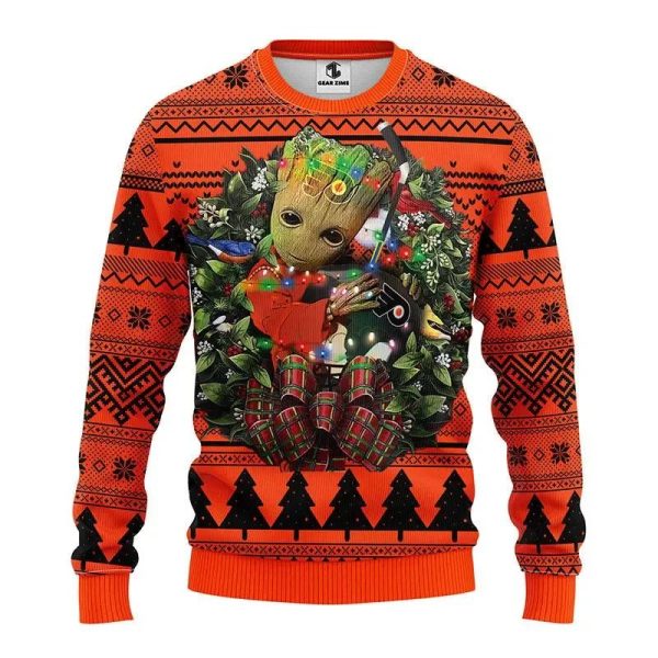 Philadelphia Flyers Groot Hug Ugly Christmas Sweater, Philadelphia Flyers Ugly Sweater, NHL Ugly Sweater