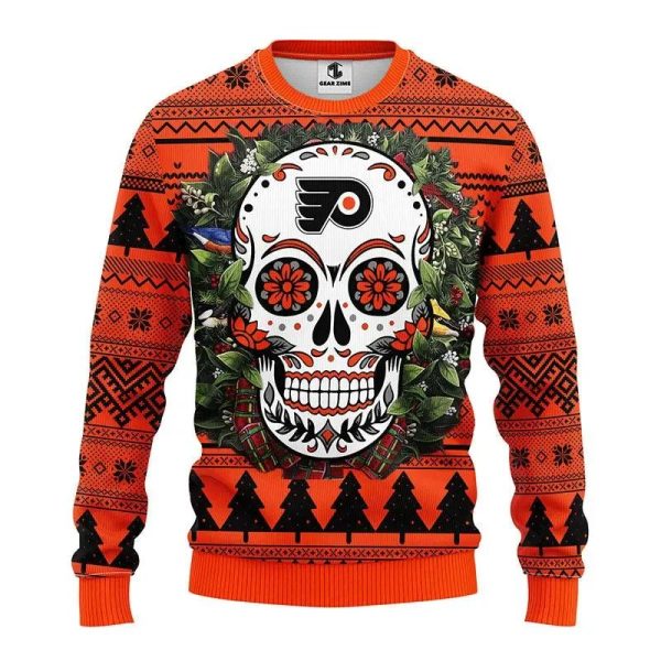 Philadelphia Flyers Skull Flower Ugly Christmas Sweater, Philadelphia Flyers Ugly Sweater, NHL Ugly Sweater