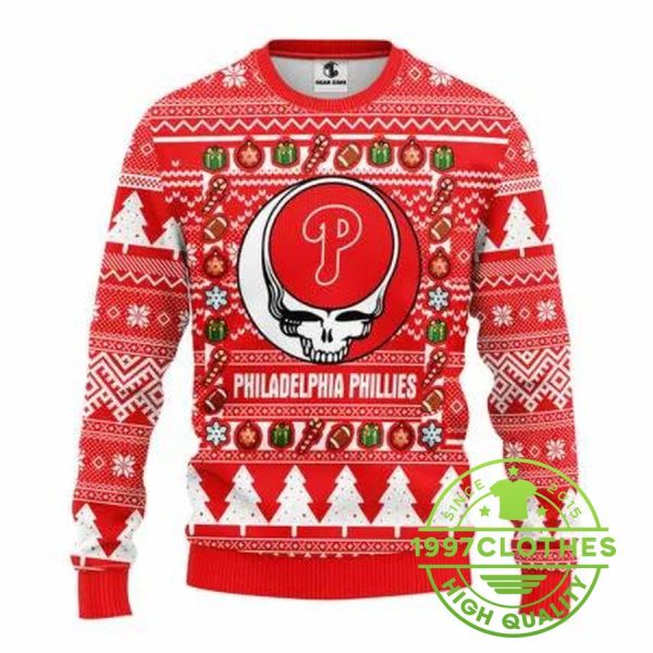 Philadelphia Phillies Grateful Dead Ugly Christmas Sweater, Philadelphia Phillies Ugly Sweater, MLB Christmas Sweater