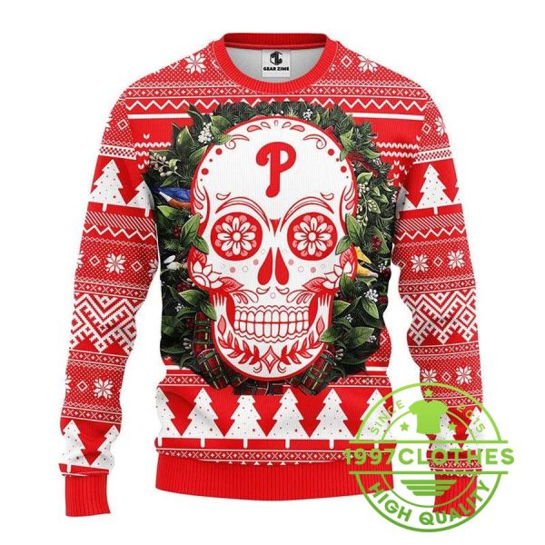 Philadelphia Phillies Skull Flower Ugly Christmas Sweater, Philadelphia Phillies Ugly Sweater, MLB Christmas Sweater