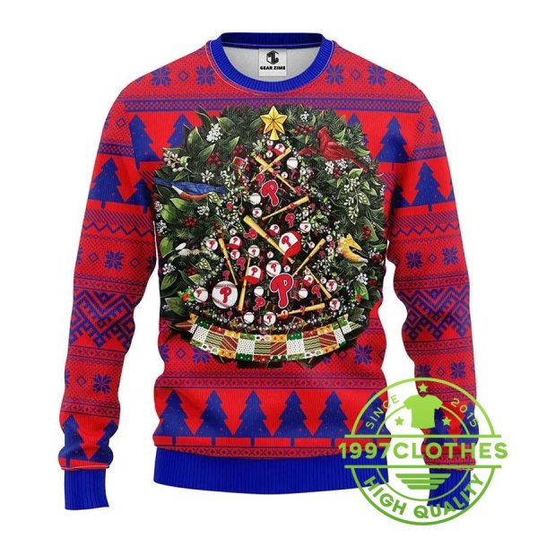 Philadelphia Phillies Tree Ball Ugly Christmas Sweater, Philadelphia Phillies Ugly Sweater, MLB Christmas Sweater