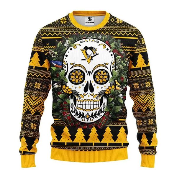 Pittsburgh Penguins Skull Flower Ugly Christmas Sweater, Pittsburgh Penguins Ugly Sweater, NHL Ugly Sweater