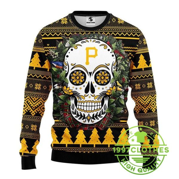 Pittsburgh Pirates Skull Flower Ugly Christmas Sweater, Pittsburgh Pirates Ugly Sweater, MLB Christmas Sweater