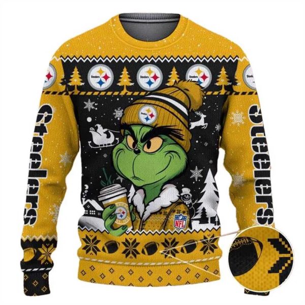 Pittsburgh Steelers The Grinch Drink Coffee Ugly Christmas Sweater, Pittsburgh Steelers Ugly Sweater, NFL Ugly Sweater