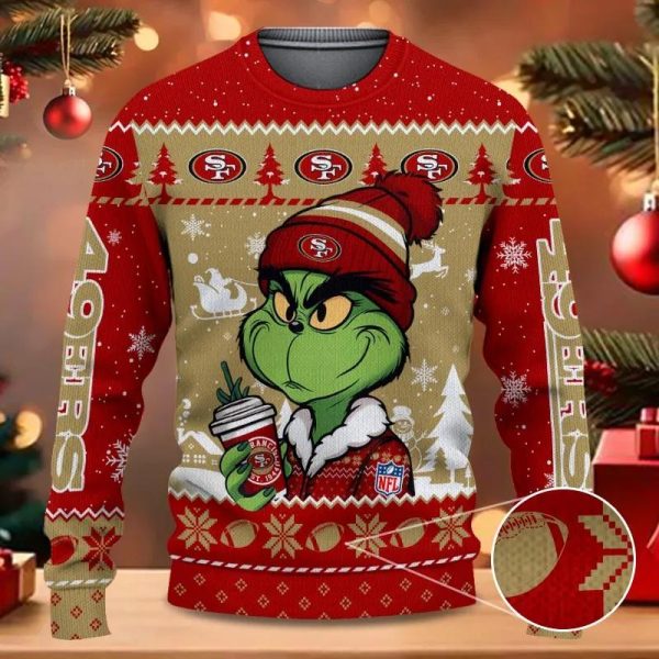 San Francisco 49ers The Grinch Drink Coffee Ugly Christmas Sweater, San Francisco 49ers Ugly Sweater, NFL Ugly Sweater