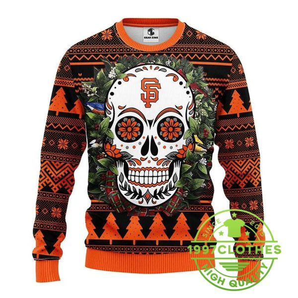 San Francisco Giants Skull Flower Ugly Christmas Sweater, San Francisco Giants Ugly Sweater, MLB Christmas Sweater