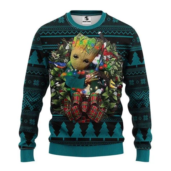 San Jose Sharks Groot Hug Ugly Christmas Sweater, San Jose Sharks Ugly Sweater, NHL Ugly Sweater