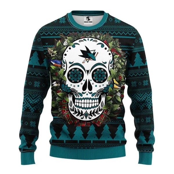 San Jose Sharks Skull Flower Ugly Christmas Sweater, San Jose Sharks Ugly Sweater, NHL Ugly Sweater