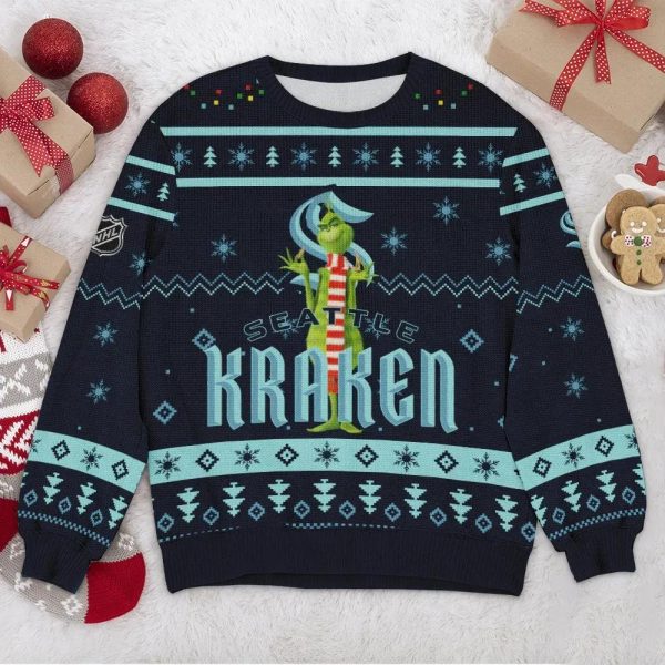 Seattle Kraken NHL Grinch Ugly Christmas Sweater, Seattle Kraken Ugly Sweater, NHL Ugly Sweater