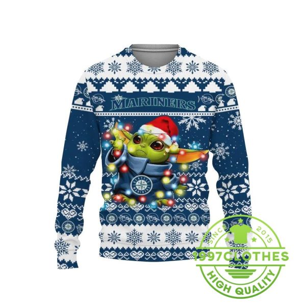 Seattle Mariners Baby Yoda Star Wars Ugly Christmas Sweater, Seattle Mariners Ugly Sweater, MLB Christmas Sweater