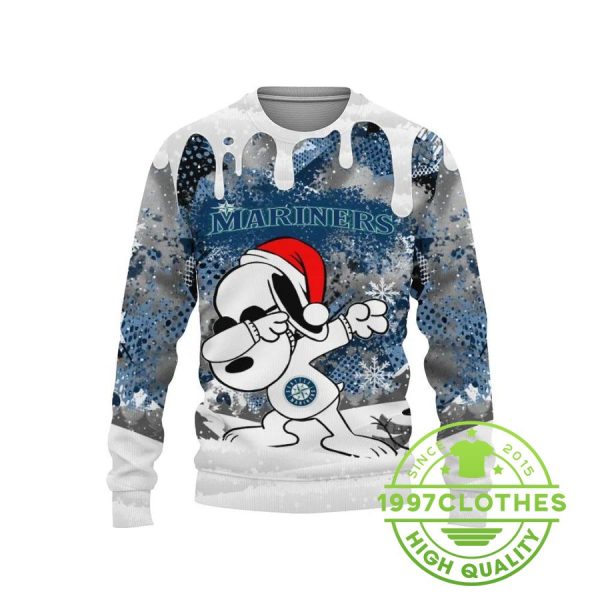 Seattle Mariners Snoopy Dabbing The Peanuts Ugly Christmas Sweater, Seattle Mariners Ugly Sweater, MLB Christmas Sweater