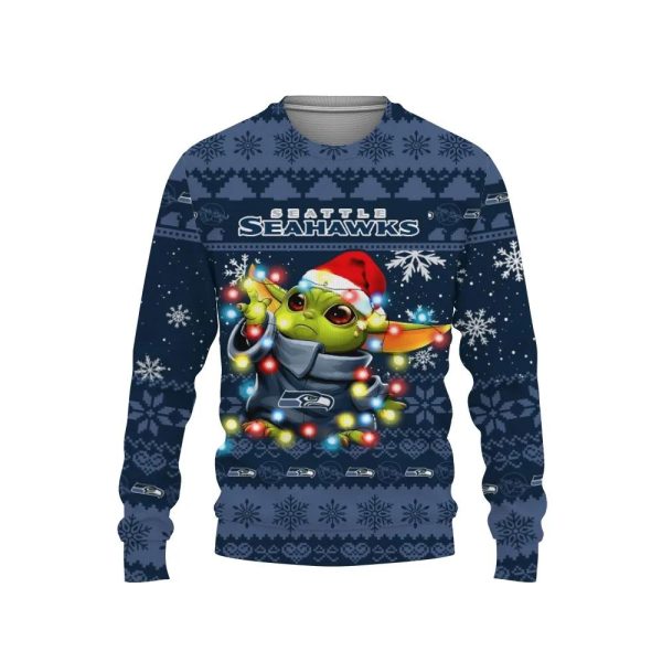 Seattle Seahawks Baby Yoda Star Wars Ugly Christmas Sweater, Seattle Seahawks Ugly Sweater, NFL Ugly Sweater