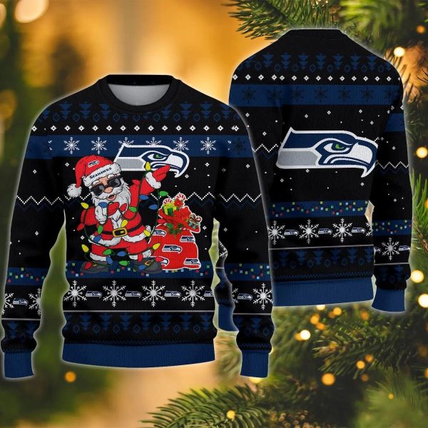 Seattle Seahawks Santa Claus Dabbing Ugly Christmas Sweater, Seattle Seahawks Ugly Sweater, NFL Ugly Sweater