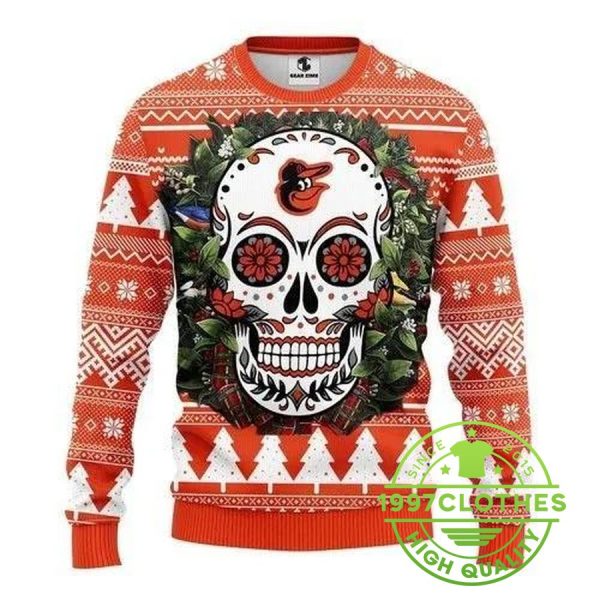 Skull Flower Calavera Baltimore Orioles Christmas Ugly Sweater, Baltimore Orioles Ugly Sweater, MLB Christmas Sweater