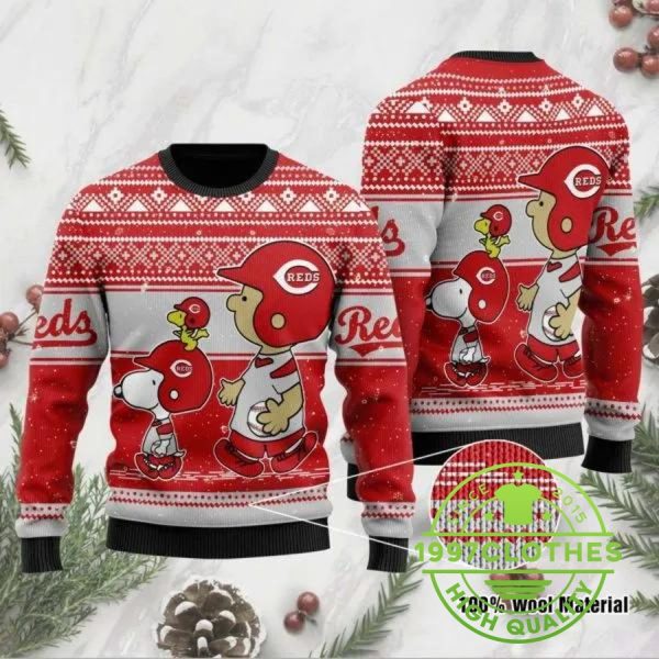 Snoopy Woodstock And Charlie Brown Cincinnati Reds Christmas Ugly Sweater, Cincinnati Reds Ugly Sweater, MLB Christmas Sweater