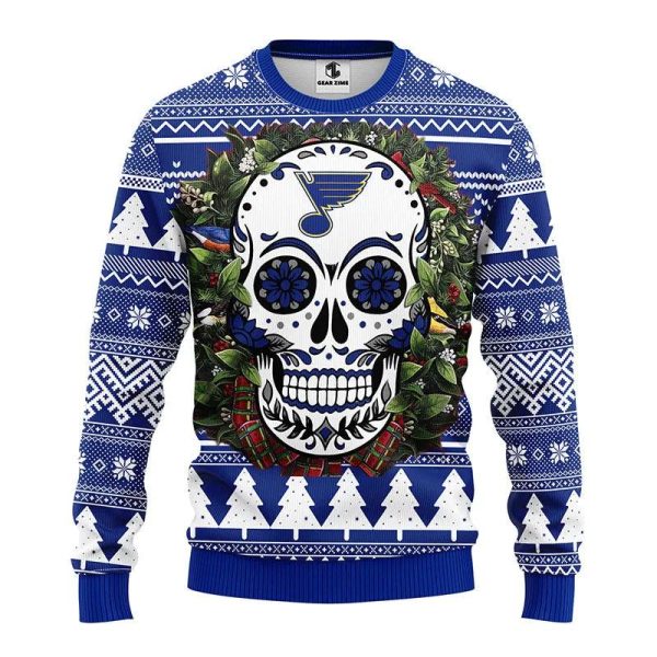 St. Louis Blues Skull Flower Ugly Christmas Sweater, St. Louis Blues Ugly Sweater, NHL Ugly Sweater