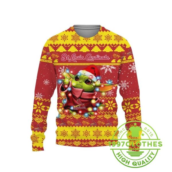 St. Louis Cardinals Baby Yoda Star Wars Ugly Christmas Sweater, St. Louis Cardinals Ugly Sweater, MLB Christmas Sweater