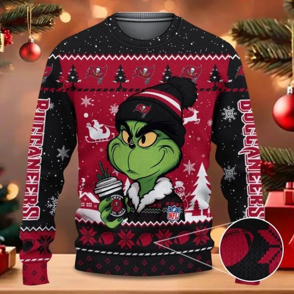 Tampa Bay Buccaneers The Grinch Drink Coffee Christmas Ugly Sweater, Tampa Bay Buccaneers Ugly Sweater, NFL Ugly Sweater