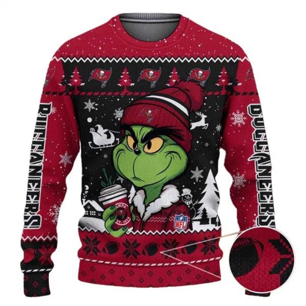 Tampa Bay Buccaneers The Grinch Drink Coffee Ugly Christmas Sweater, Tampa Bay Buccaneers Ugly Sweater, NFL Ugly Sweater