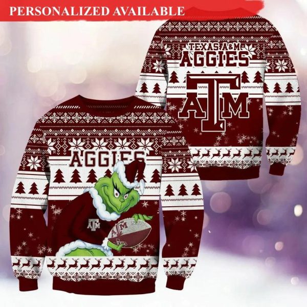 Texas A&M Aggies Grin Football Christmas Ugly Christmas Sweater, Texas A&M Aggies Ugly Christmas Sweater, NCAA Christmas Sweater