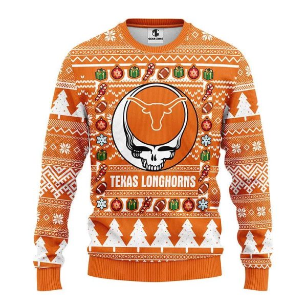 Texas Longhorns Grateful Dead Ugly Christmas Sweater, Texas Longhorns Ugly Christmas Sweater, NCAA Christmas Sweater