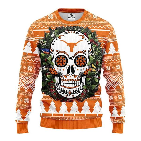 Texas Longhorns Skull Flower Ugly Christmas Sweater, Texas Longhorns Ugly Christmas Sweater, NCAA Christmas Sweater