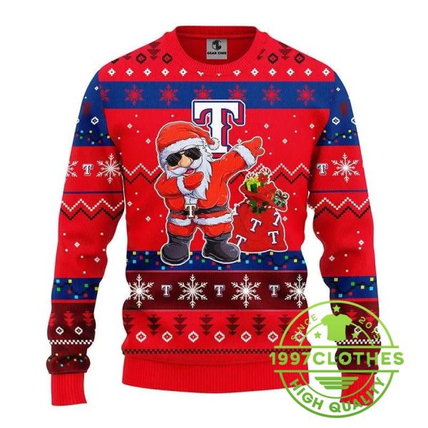 Texas Rangers Dabbing Santa Claus Ugly Christmas Sweater, Texas Rangers Ugly Sweater, MLB Christmas Sweater