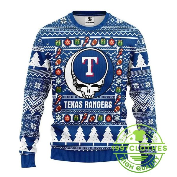 Texas Rangers Grateful Dead Ugly Ugly Christmas Sweater, Texas Rangers Ugly Sweater, MLB Christmas Sweater