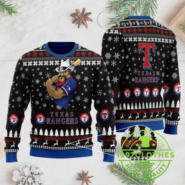 Texas Rangers Mascot Ugly Christmas Sweater, Texas Rangers Ugly Sweater, MLB Christmas Sweater