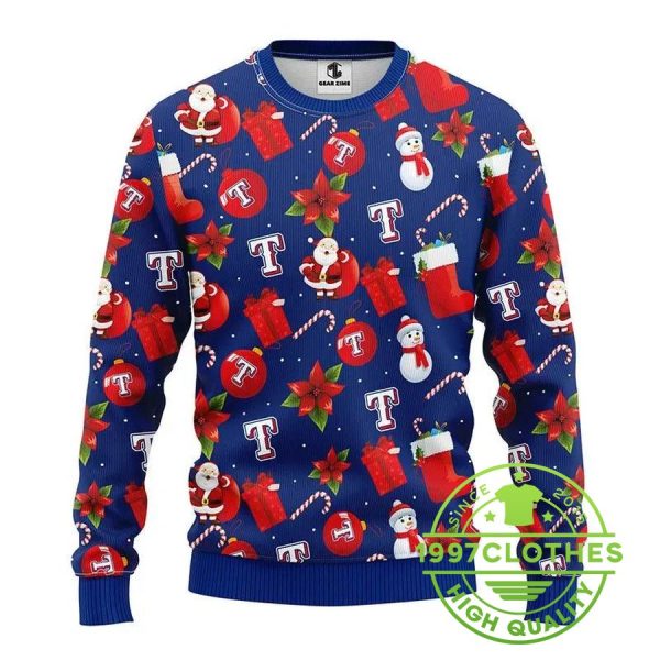 Texas Rangers Santa Claus Snowman Ugly Christmas Sweater, Texas Rangers Ugly Sweater, MLB Christmas Sweater