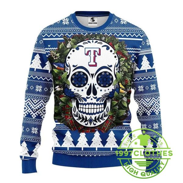 Texas Rangers Skull Flower Ugly Christmas Sweater, Texas Rangers Ugly Sweater, MLB Christmas Sweater