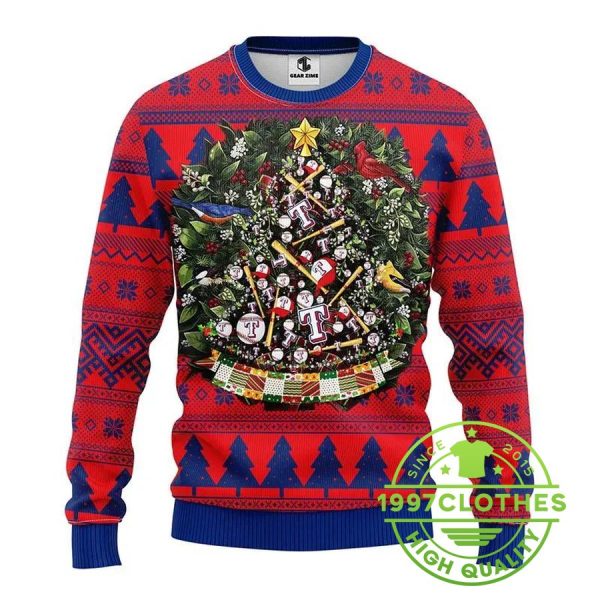 Texas Rangers Tree Ball Ugly Christmas Sweater, Texas Rangers Ugly Sweater, MLB Christmas Sweater