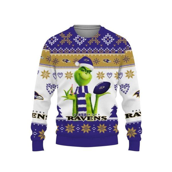 The Grinch Cute Baltimore Ravens Ugly Christmas Sweater, Baltimore Ravens Ugly Sweater, NFL Ugly Sweater